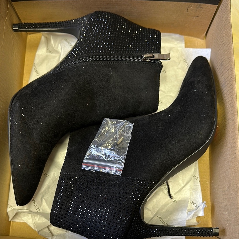 NEW Chateau Black Ankle Boots faux suede Women diamonds embossed sexy stilettos